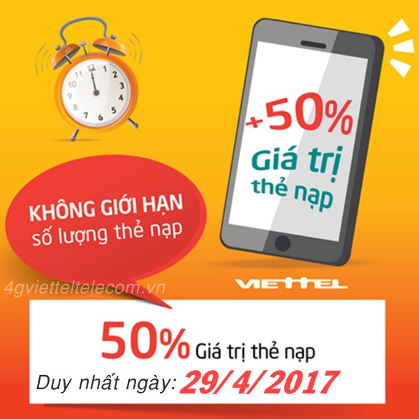 Viettel khuyến mãi tặng 50% giá trị thẻ nạp ngày 29/4/2017