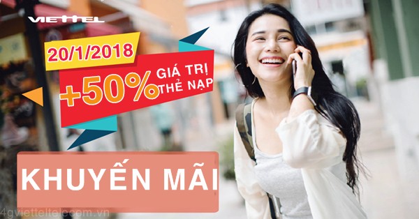 Viettel khuyến mãi 50% giá trị thẻ nạp ngày 20/1/2018