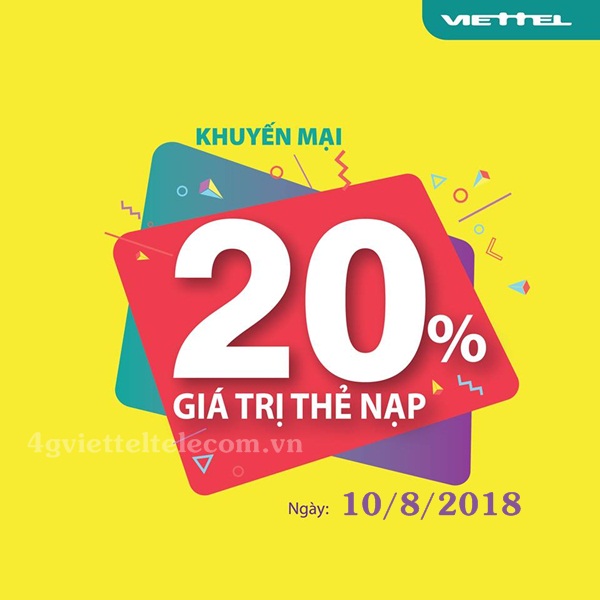Viettel khuyến mãi 20% thẻ nạp ngày vàng 10/8/2018