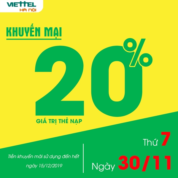 Viettel khuyến mãi 20% thẻ nạp ngày 30/11/2019