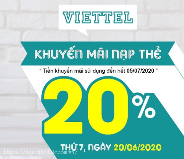 Viettel khuyến mãi 20% giá trị thẻ nạp ngày vàng 20/6/2020 