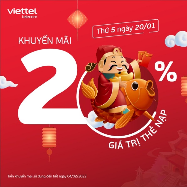 Viettel khuyến mãi tặng 20% giá trị thẻ nạp duy nhất ngày 20/1/2022