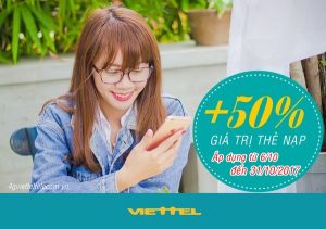 Viettel khuyến mãi 50% giá trị thẻ nạp từ 6/10 đến 31/10/2017