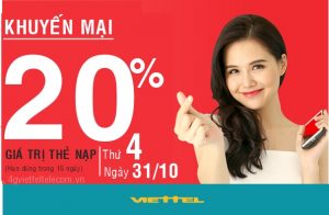 Viettel khuyến mãi 20% thẻ nạp duy nhất ngày 31/10/2018