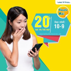 Viettel khuyến mãi tặng 20% giá trị thẻ nạp duy nhất ngày 10/9/2019