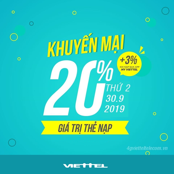 Viettel khuyến mãi 20% giá trị thẻ nạp ngày vàng 30/09/2019