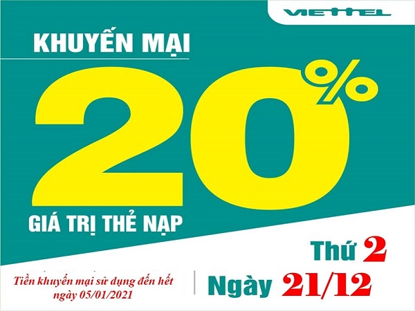 Viettel khuyến mãi 20% giá trị thẻ nạp ngày 21/12/2020