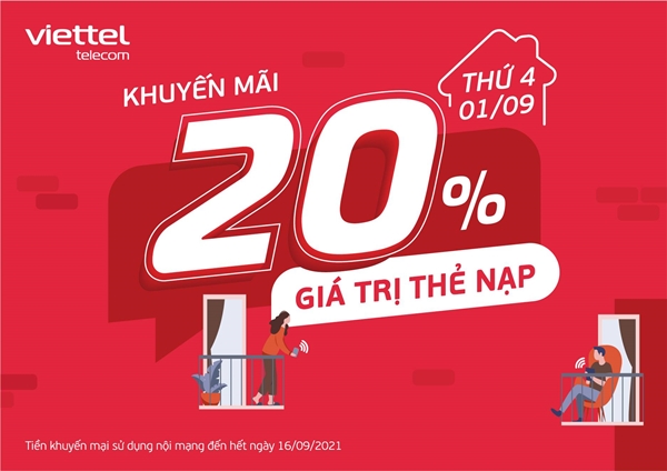 Viettel khuyến mãi tặng 20% giá trị thẻ nạp ngày 1/9/2021Viettel khuyến mãi tặng 20% giá trị thẻ nạp ngày 1/9/2021