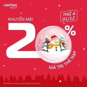 Viettel khuyến mãi 20% giá trị thẻ nạp duy nhất ngày 1/12/2021