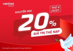 Viettel khuyến mãi tặng 20% giá trị thẻ nạp ngày 20/7/2022