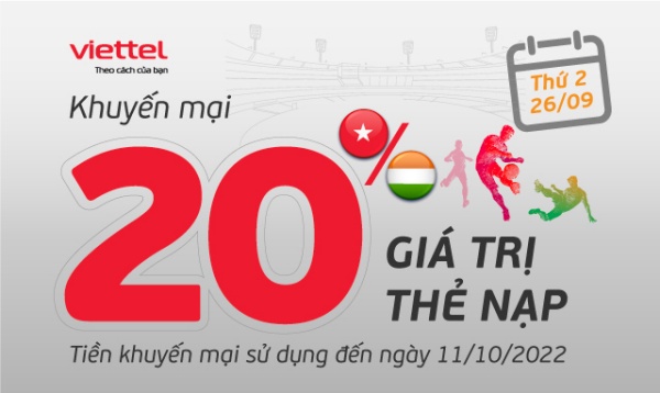 Viettel khuyến mãi tặng 20% giá trị thẻ nạp duy nhất ngày 26/9/2022 